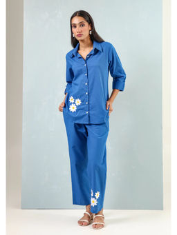 Baaori - Womens Blue Pure Cotton Solid and Embroidered Regular Shirt Pant Co-Ord