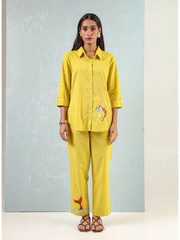Baaori - Womens Yellow Pure Cotton Solid and Embroidered Regular Shirt Pant Co-Ord