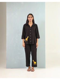 Baaori - Womens Black Pure Cotton Giraffe Embroidered Regular Shirt Pant Co-Ord