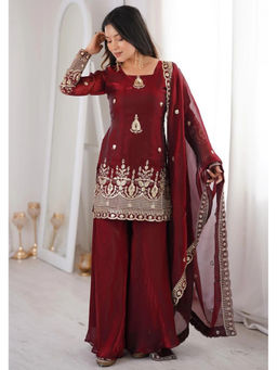 Kedar Fab - Women'S Shimmer Silk Ethnic Motiff Embroidered Kurta with Palazzo and Dupatta