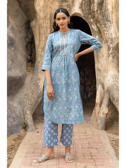 TERHA TAALI - Women Smoky Blue Cotton Kurta with Pant