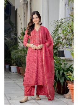 TERHA TAALI - Women'S Red Dabu Print Cotton Kurta with Pant and Dupatta