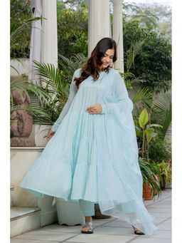 TERHA TAALI - Women Powder Blue Cotton Anarkali Kurta with Pant and Dupatta