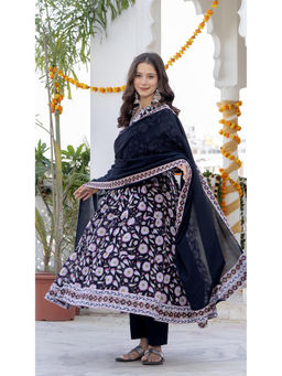 TERHA TAALI - Women Black Sanganeri Print Anarkali Kurta with Pant and Dupatta
