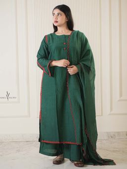 Label Ruby - Bottle Green Mul Chanderi Kurta with Palazzo and Dupatta