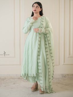 Label Ruby - Mint Green Mul Chanderi Anarkali with Pant and Dupatta