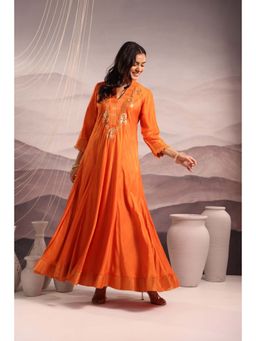 OMI - Orange Sequin Embroidered Flared Anarkali Kurta