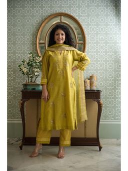 OMI - Lime Yellow Embroidered V Neck Kurta With Pant And Dupatta