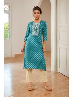 Soch - Teal Rayon Printed Kurta