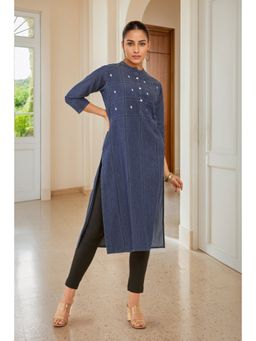 Soch - Women Navy Blue Cotton Embroidered Kurta