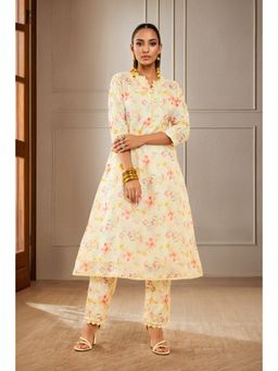 Soch - Women Yellow Kota Floral Kurta with Pant (Set of 2)