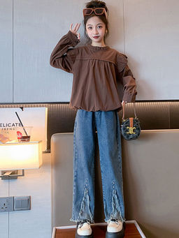 Hopscotch - Girls Brown and Blue Ruffle Embellished Blouse and Jeans Set (4-5 Years)