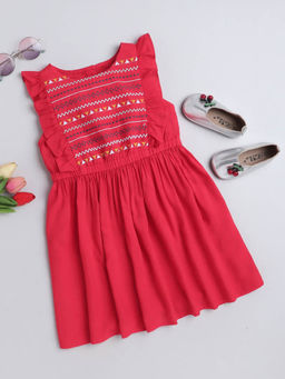 Hopscotch - Girls Red Embroidered Ruffled Sleeve Fit and Flare Casual Dress