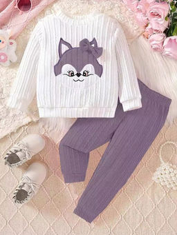 Hopscotch - Girls White and Purple Textured Bow Applique Sweatshirt and Jogger Set (9-12 Months)
