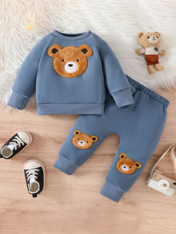 Hopscotch - Boys Blue Bear Applique Raglan Sleeve Sweatshirt and Joggers Set (9-12 Months)