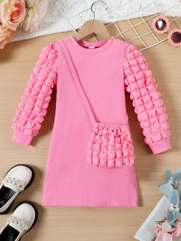 Hopscotch - Girls Pink Textured Full-Sleeve Casual Dress with Bag