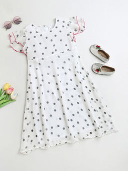 Hopscotch - Girls White and Grey Polka Dot Print A-line Casual Dress