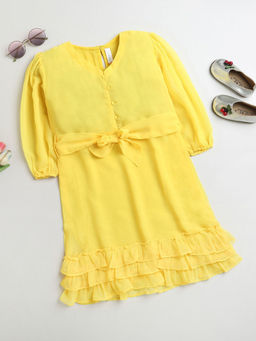 Hopscotch - Girls Yellow Solid Puff Sleeves Casual Dress