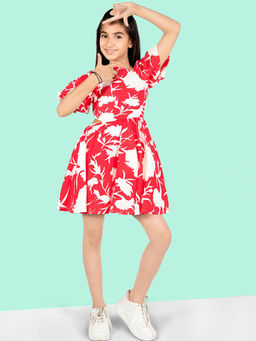Hopscotch - Girls Red and White Abstract Print Fit and Flare Casual Dress