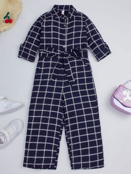Hopscotch - Girls Navy Checkered Full-Sleeve Jumpsuit (6-7 Years)
