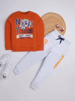 Hopscotch - Boys Orange and Grey Text Print Cotton Sweatshirt and Jogger Set (2-3 Years)