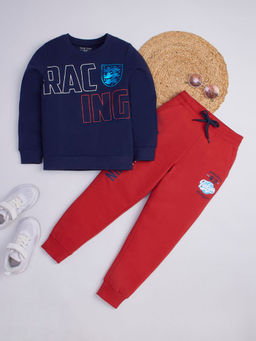 Hopscotch - Boys Navy and Red Text Print Cotton Sweatshirt and Jogger Set (2-3 Years)