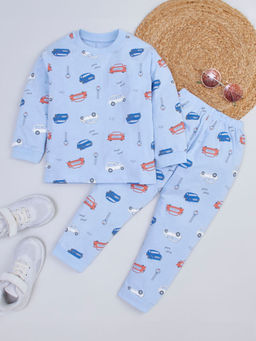 Hopscotch - Boys Blue Car Print Cotton T-shirt and Joggers Set (2-3 Years)