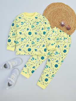 Hopscotch - Boys Yellow All-Over Print Cotton T-shirt and Joggers Set (2-3 Years)