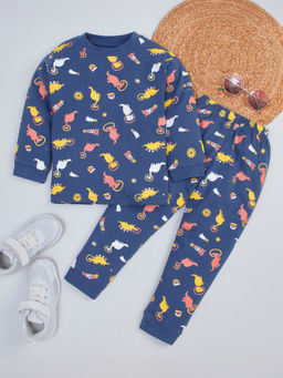Hopscotch - Boys Navy Dinosaur Print Cotton T-shirt and Joggers Set (2-3 Years)