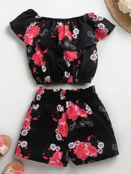 Hopscotch - Girls Black Floral Print Blouse And Shorts Set (18-24 Months)