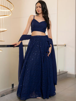 HOUSE OF JAMOTI - Twilight Navy Blue Chikankari Lehenga with Blouse & Dupatta (Set of 3)