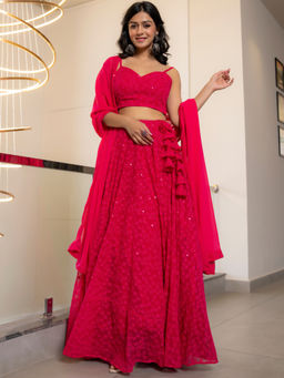 HOUSE OF JAMOTI - Twilight Wild Berry Chikankari Lehenga with Blouse & Dupatta (Set of 3)