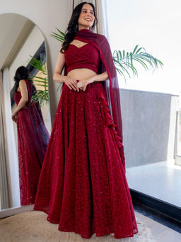 HOUSE OF JAMOTI - Twilight Maroon Chikankari Lehenga with Blouse & Dupatta (Set of 3)