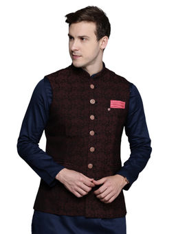 Manyavar - Maroon Terry Rayon Festive Self Design Waistcoat