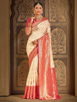 Akhilam - Womens Silk Blend Cream Woven Designer Saree with Unstitched Blouse