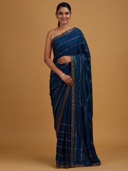 Koskii - Peacock Navy Blue Swarovski Semi Crepe Designer Saree with Unstitched Blouse
