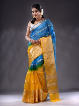 CHARUKRITI - Azure Blue And Yellow Organza Handwoven Saree With Unstitched Blouse