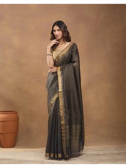 Fabindia - Black Silk Blend Printed Saree Without Blouse