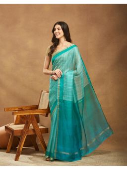 Fabindia - Turquoise Silk Blend Printed Saree Without Blouse
