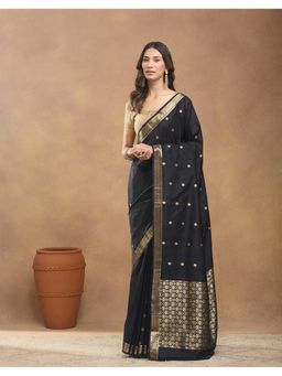 Fabindia - Black Viscose Blend Woven Saree Without Blouse