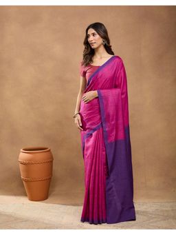 Fabindia - Pink Silk Blend Woven Saree Without Blouse