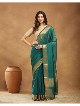 Fabindia - Green Cotton Silk Woven Saree Without Blouse