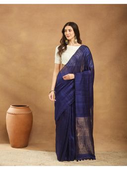 Fabindia - Blue Silk Woven Saree Without Blouse