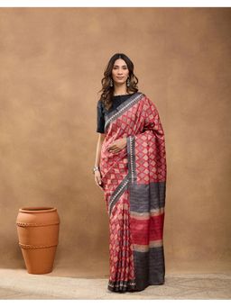 Fabindia - Red Silk Printed Saree Without Blouse