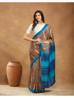 Fabindia - Blue Silk Printed Saree Without Blouse