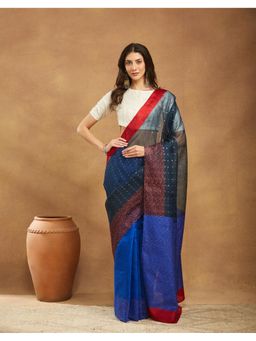 Fabindia - Blue Silk Blend Colorblock Saree Without Blouse
