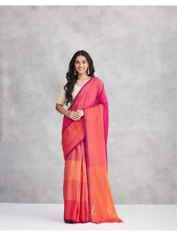Fabindia - Magenta Cotton Blend Woven Saree Without Blouse