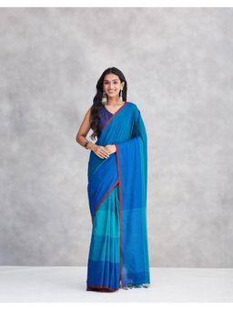 Fabindia - Teal Cotton Blend Woven Saree Without Blouse