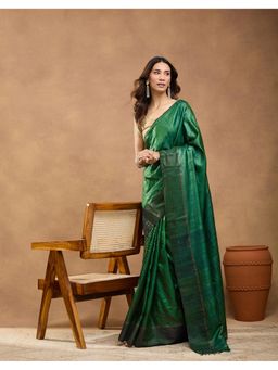 Fabindia - Green Silk Blend Woven Saree Without Blouse