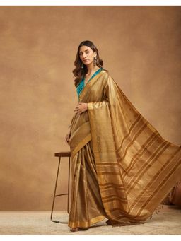 Fabindia - Brown Silk Blend Woven Saree Without Blouse
